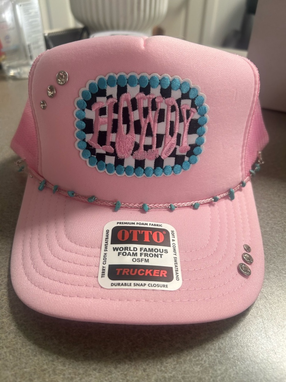 Women’s Pink Trucker Hat with Turquoise Bead Trim